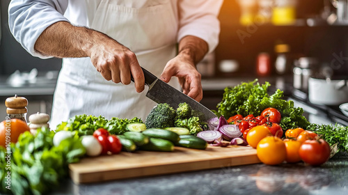 skilled chef expertly chops fresh vegetables on a rustic wooden cutting board. The vibrant colors of the produce symbolize health and creativity, highlighting the artistry of culinary preparation