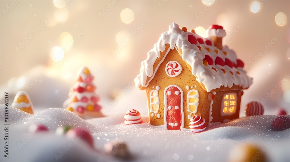 Whimsical Gingerbread House in Snowy Winter Wonderland with Sparkling Lights and Festive Decor Whimsical Gingerbread House in Snowy Winter Wonderland with Sparkling Lights and Festive Decor