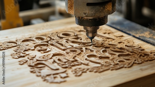 CNC Machine Engraving Intricate Design on Wooden Surface photo