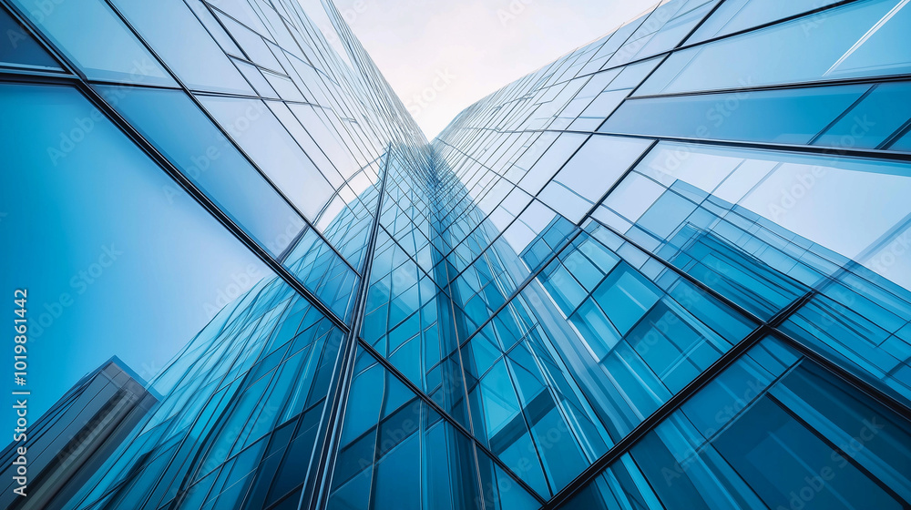 Looking up at modern glass skyscrapers reflecting the blue sky and clouds. Looking up at modern glass skyscrapers reflecting the blue sky and clouds.