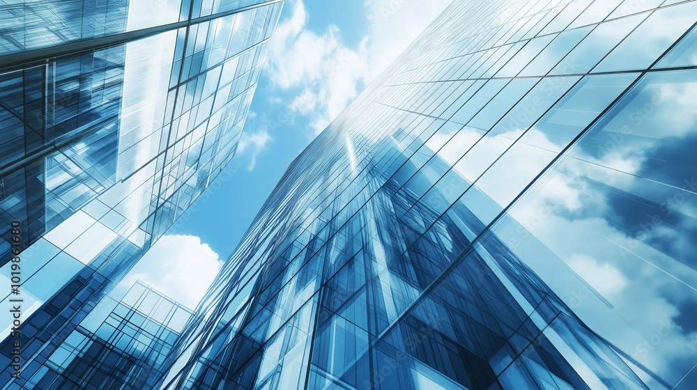 Looking up at modern glass skyscrapers reflecting the blue sky and clouds. Looking up at modern glass skyscrapers reflecting the blue sky and clouds.