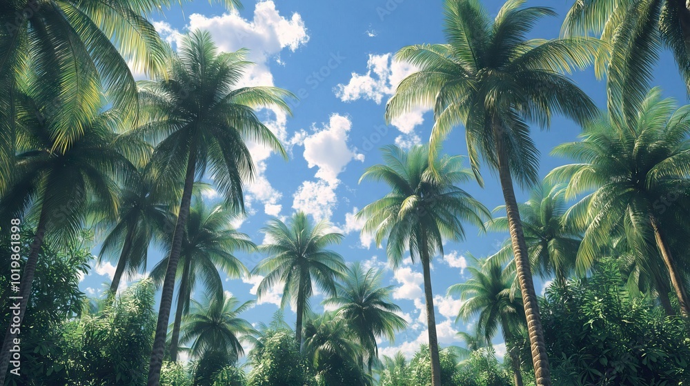 Low angle view of coconut palm trees on blue sky background Low angle view of coconut palm trees on blue sky background