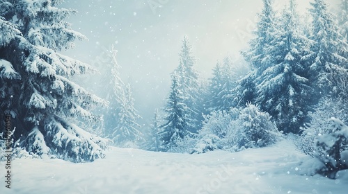 Snowfall in a winter forest: beautiful landscape with snow-covered fir trees and snowdrifts, perfect for merry christmas and happy new year greetings, winter fairytale with copy-space