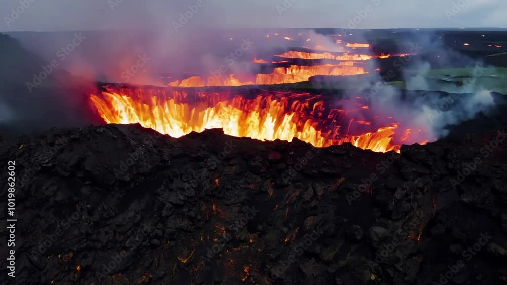 Lava fall. As the hot lava flows down the mountain. Generative AI Lava fall. As the hot lava flows down the mountain. Generative AI