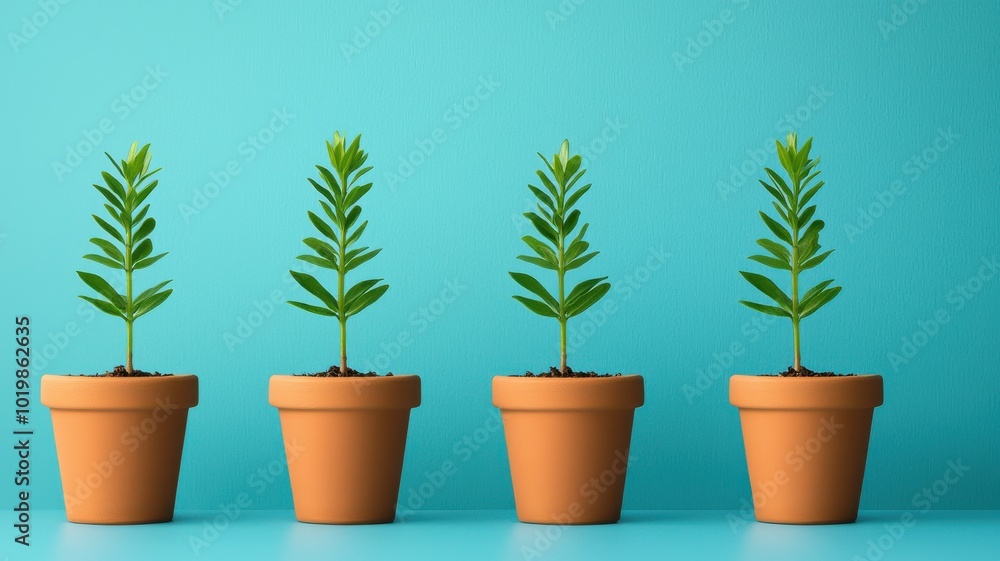 Four vibrant green plants in terracotta pots against a bright turquoise backdrop create a fresh, lively aesthetic. Four vibrant green plants in terracotta pots against a bright turquoise backdrop create a fresh, lively aesthetic.