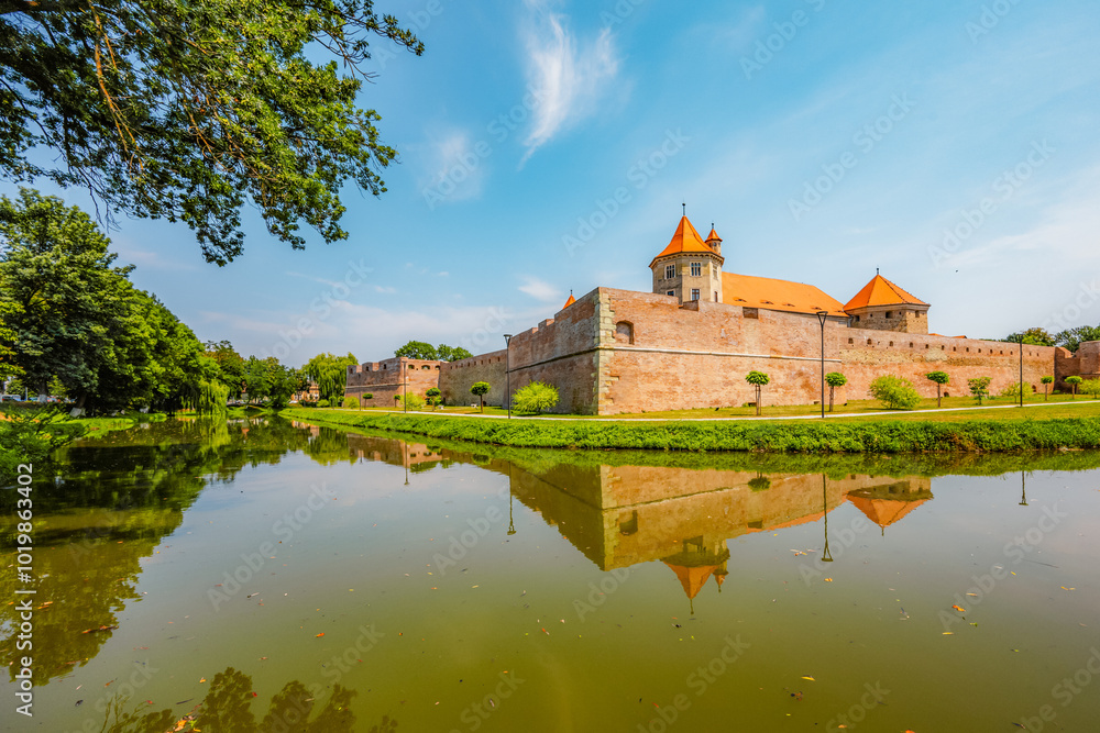 Fototapeta premium Fagaras Citadel Fortress and the Cathedral near Fagaras mountains in Fagaras city in Romania