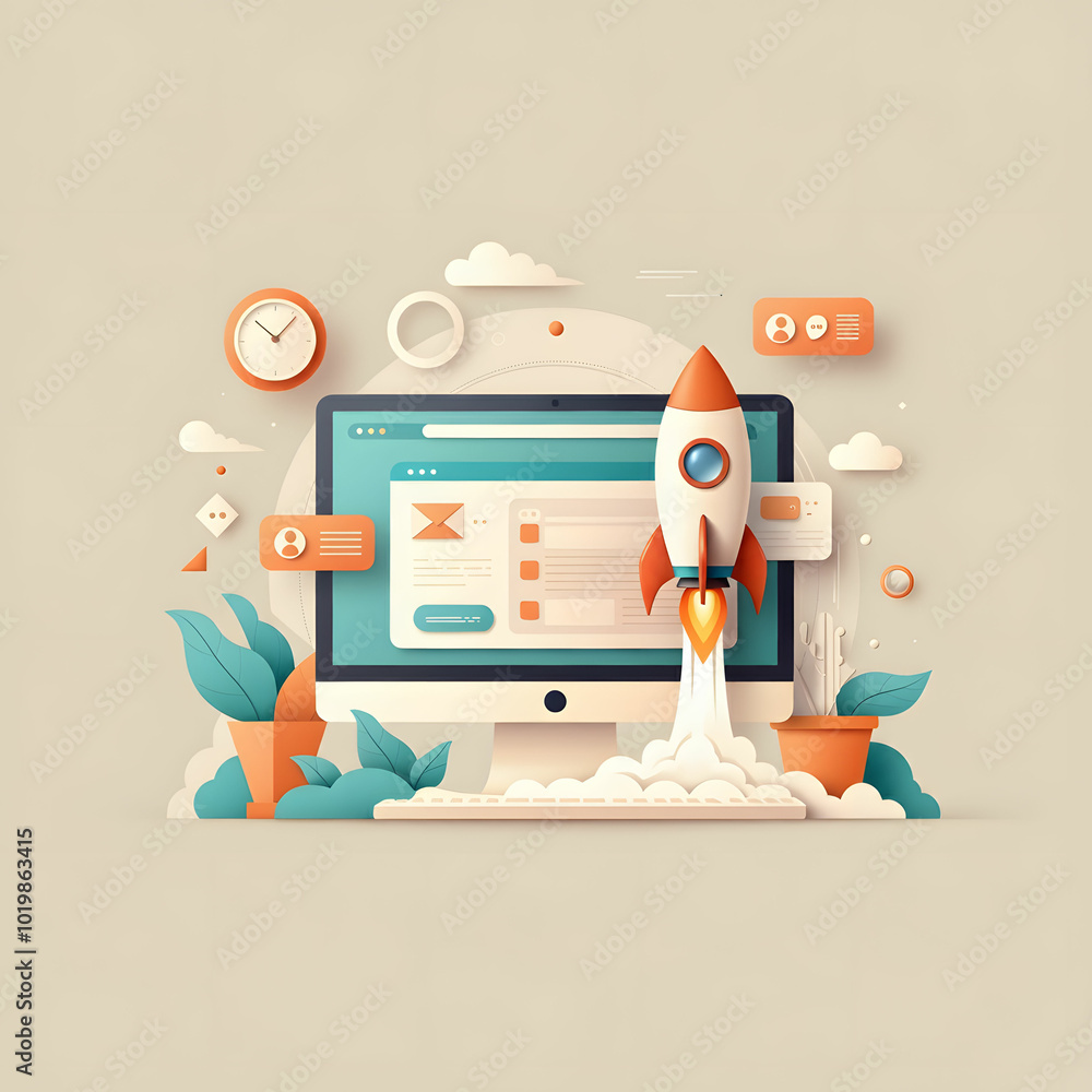 Obraz premium A computer screen displays a rocket ship soaring out into the sky, symbolizing innovation and exploration.