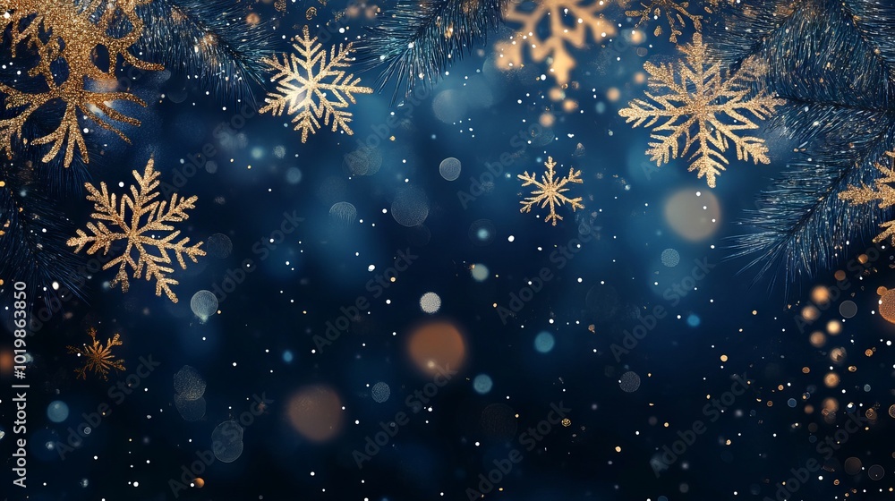 Festive navy blue christmas background with snowflakes and gold sequins for holiday designs