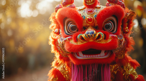 Chinese lion costume in motion, embodying strength and good fortune against a blurred festival background, symbolizing joy and cultural celebration during the Lunar New Year