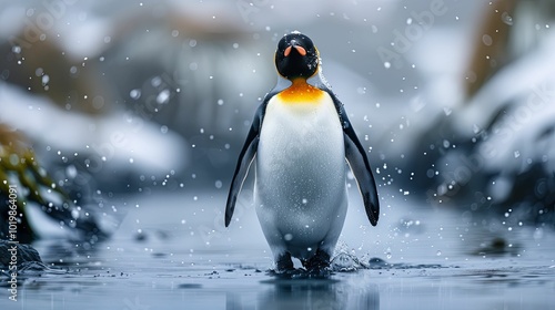 King Penguin Walking Through Water with Sprinkles