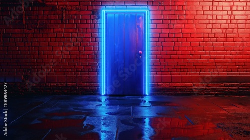 Abstract artistic scene of a glowing blue neon light on a classic red brick wall at night photo