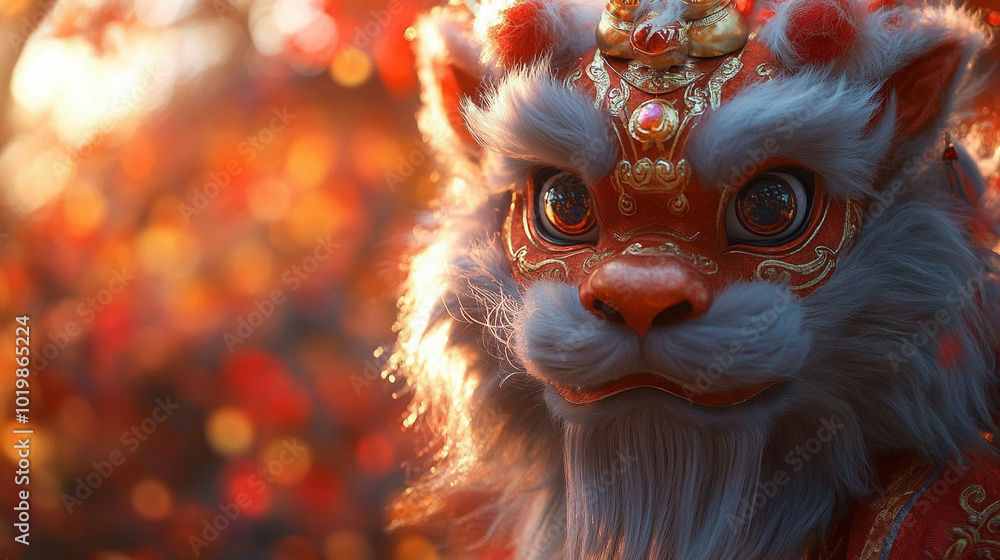 Chinese lion costume in motion, embodying strength and good fortune against a blurred festival background, symbolizing joy and cultural celebration during the Lunar New Year Chinese lion costume in motion, embodying strength and good fortune against a blurred festival background, symbolizing joy and cultural celebration during the Lunar New Year
