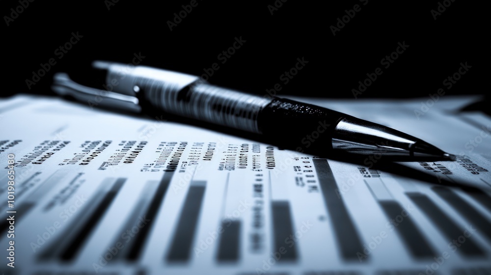 A silver pen lies on a sheet of paper with graphs, charts, and numbers printed on it. A silver pen lies on a sheet of paper with graphs, charts, and numbers printed on it.
