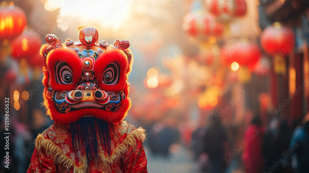 Chinese lion costume in motion, embodying strength and good fortune against a blurred festival background, symbolizing joy and cultural celebration during the Lunar New Year Chinese lion costume in motion, embodying strength and good fortune against a blurred festival background, symbolizing joy and cultural celebration during the Lunar New Year