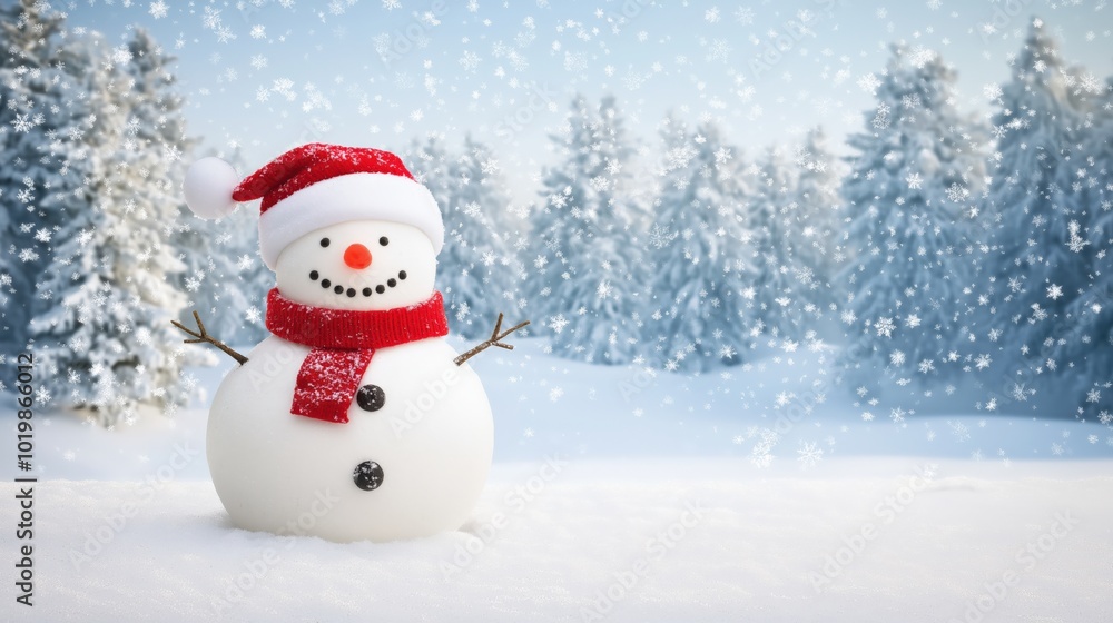 Cheerful snowman standing in a snowy Christmas landscape Cheerful snowman standing in a snowy Christmas landscape
