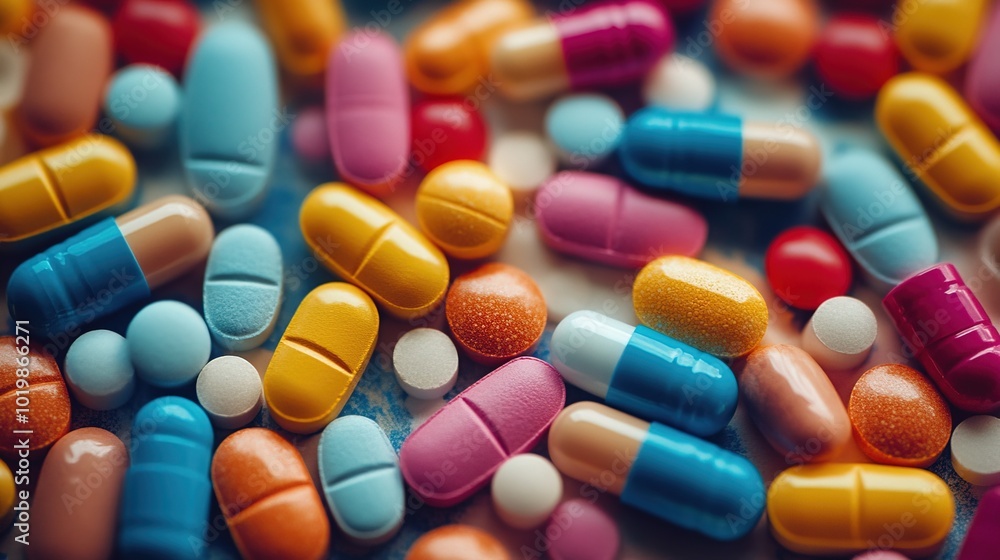 Colorful capsules and tablets spread across a surface Colorful capsules and tablets spread across a surface