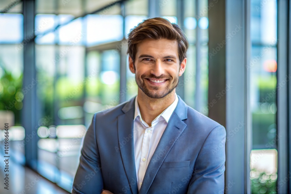Confident Caucasian businessman in blue suit modern office and business casual vibe Confident Caucasian businessman in blue suit modern office and business casual vibe