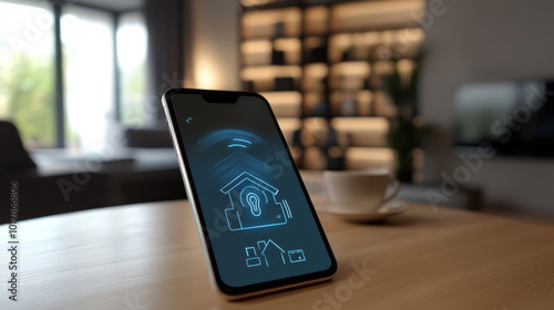 A smartphone shows a smart home system on its screen. This illustration represents how you can control your home devices using the internet. You can even use your fingerprint to access the system.