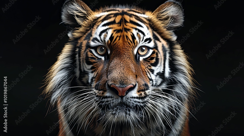 Naklejka premium Close-up Portrait of a Tiger with Intricate Stripes and Whiskers