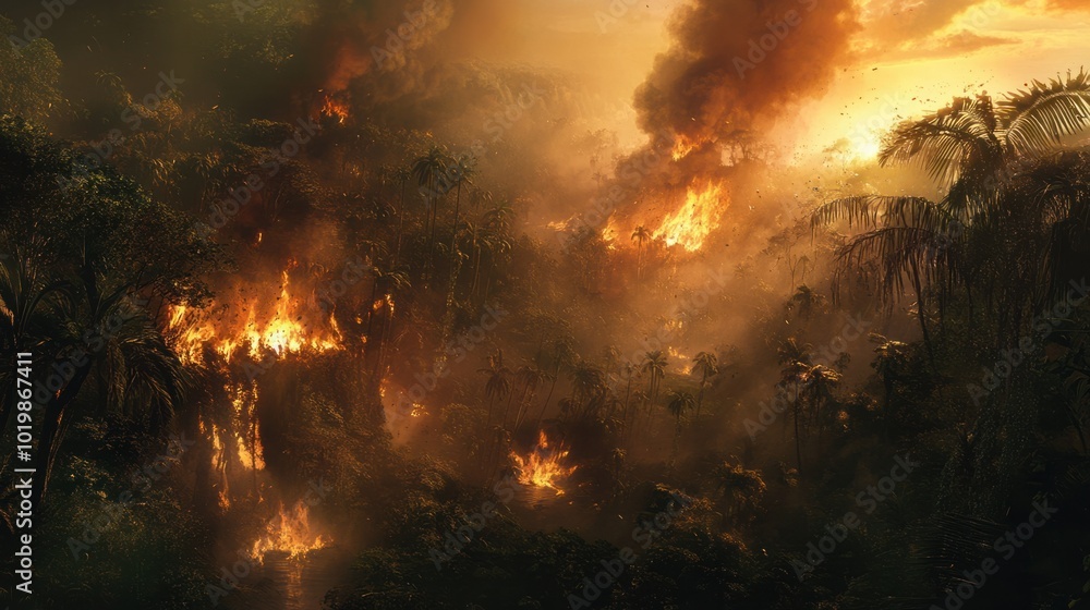 A burning rainforest, with fire consuming trees and wildlife, sending smoke into the atmosphere. A burning rainforest, with fire consuming trees and wildlife, sending smoke into the atmosphere.