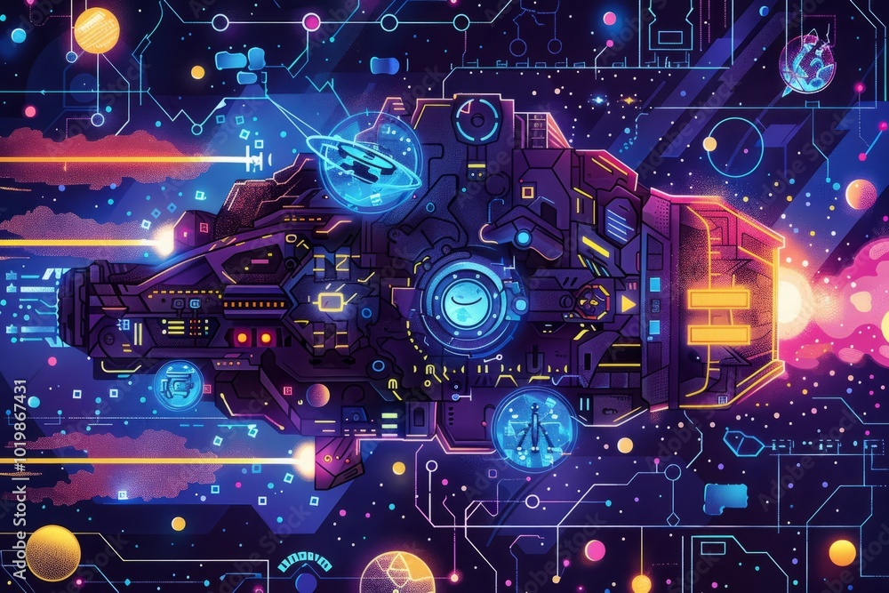 Obraz premium A geek-themed trivia night event poster with sci-fi and fantasy elements