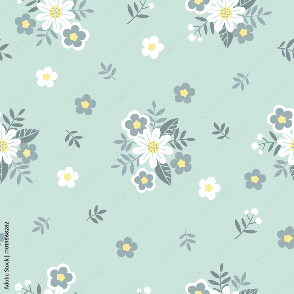 Hand drawn seamless pattern with white chamomile flowers in gray swamp shades. Lovely romantic Ditsy Fashion Print for background, holiday design, wallpaper, fabric Hand drawn seamless pattern with white chamomile flowers in gray swamp shades. Lovely romantic Ditsy Fashion Print for background, holiday design, wallpaper, fabric