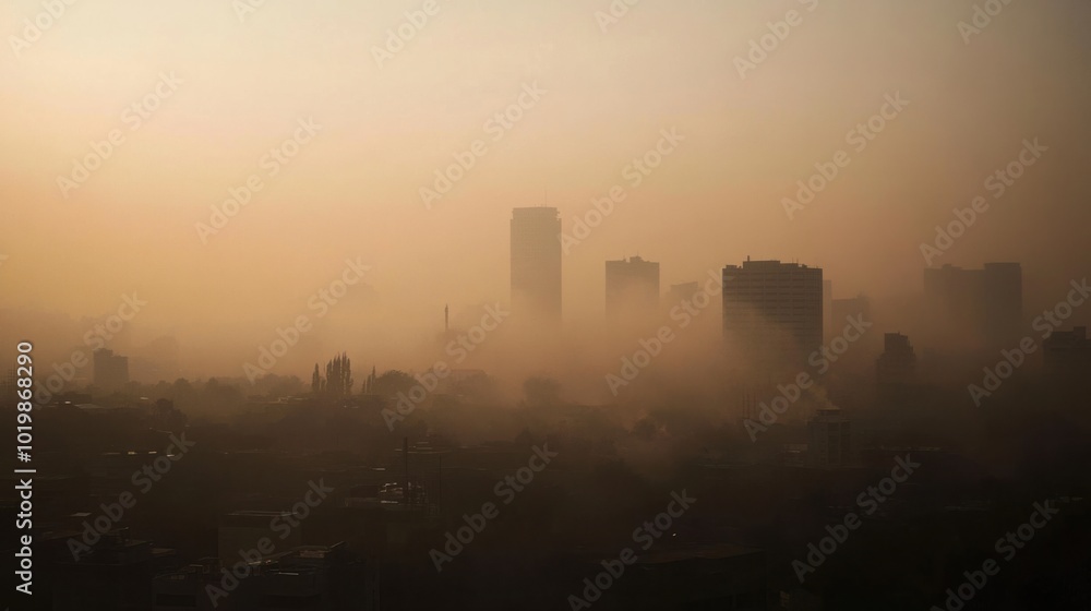 A city skyline shrouded in thick smog, the air visibly polluted from heavy emissions.