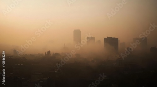 Obraz na płótnie A city skyline shrouded in thick smog, the air visibly polluted from heavy emissions. w salonie