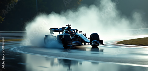 Formula 1 Car Racing in the Rain: Wet Track Action