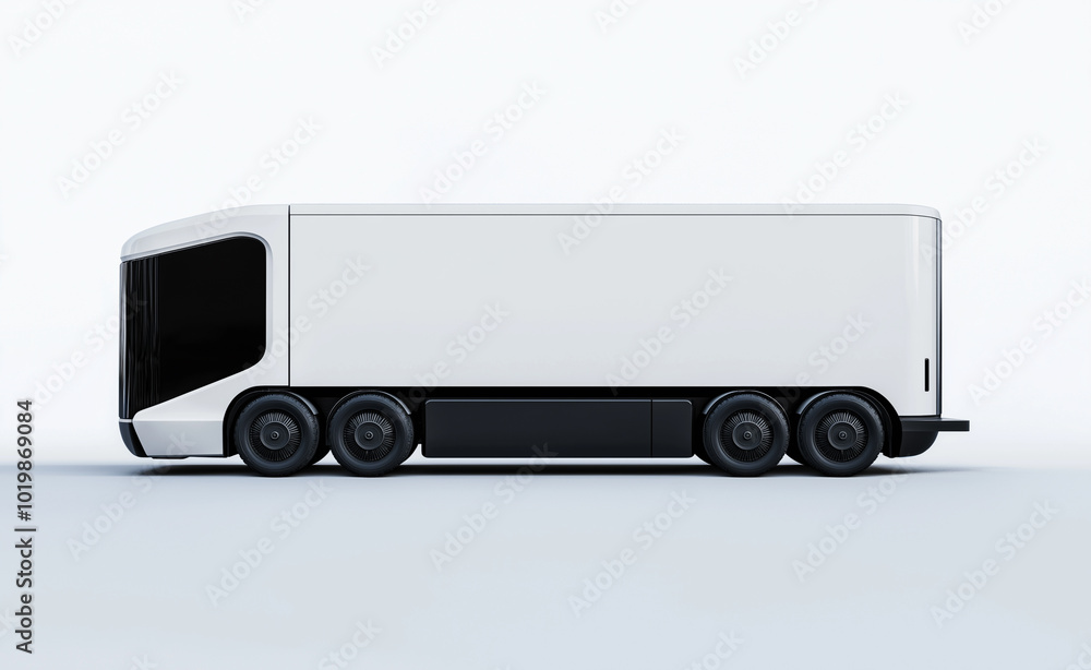 Minimalist white delivery truck parked on a blank background. Minimalist white delivery truck parked on a blank background.