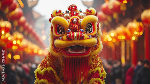 Chinese lion costume in motion, embodying strength and good fortune against a blurred festival background, symbolizing joy and cultural celebration during the Lunar New Year