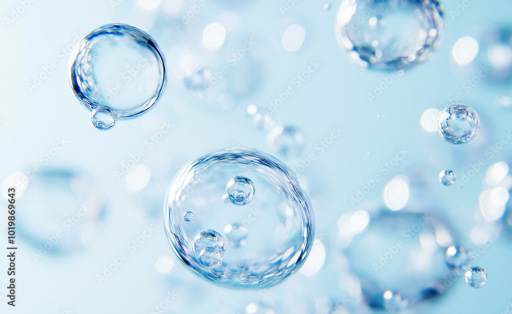Close-up of water droplets suspended in clear blue liquid. Close-up of water droplets suspended in clear blue liquid.