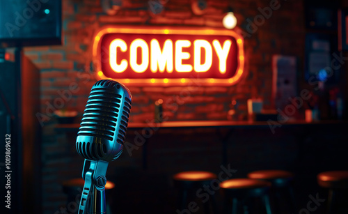 Microphone on stage with a neon comedy sign in the background.