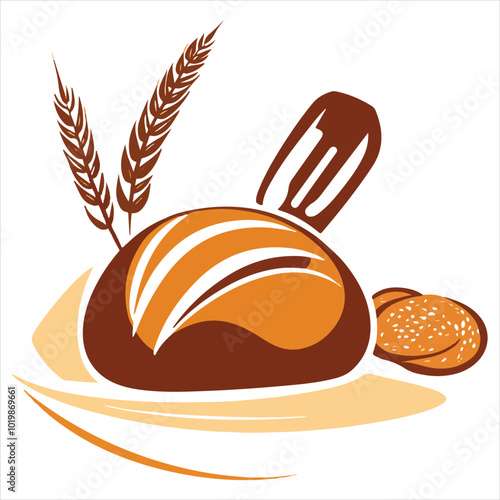 simple logo of a bread with ears of corn next to it and a bakery bolillo tool classic style, on a white backgound.
