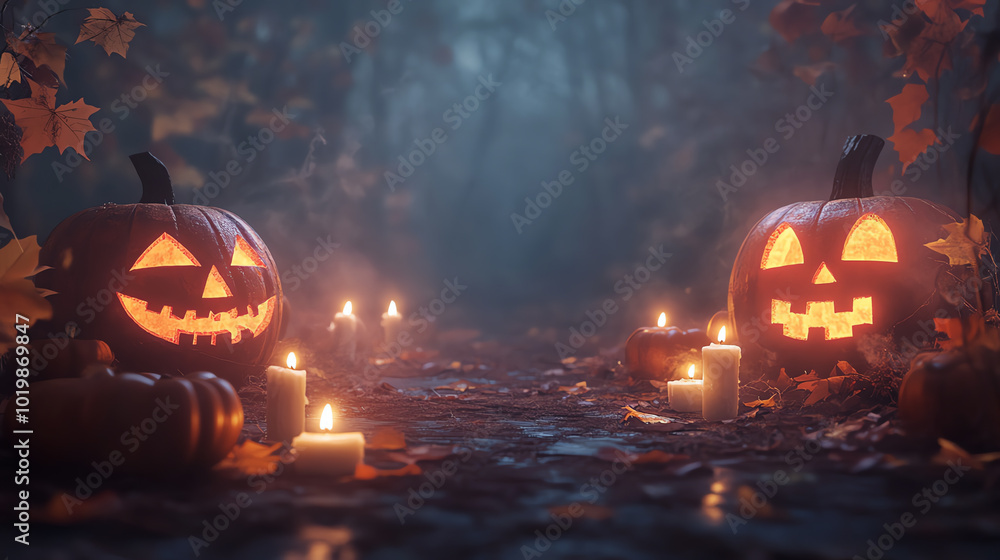 Jack-o'-lanterns glowing in a dark forest path with candles on a Halloween night. Jack-o'-lanterns glowing in a dark forest path with candles on a Halloween night.