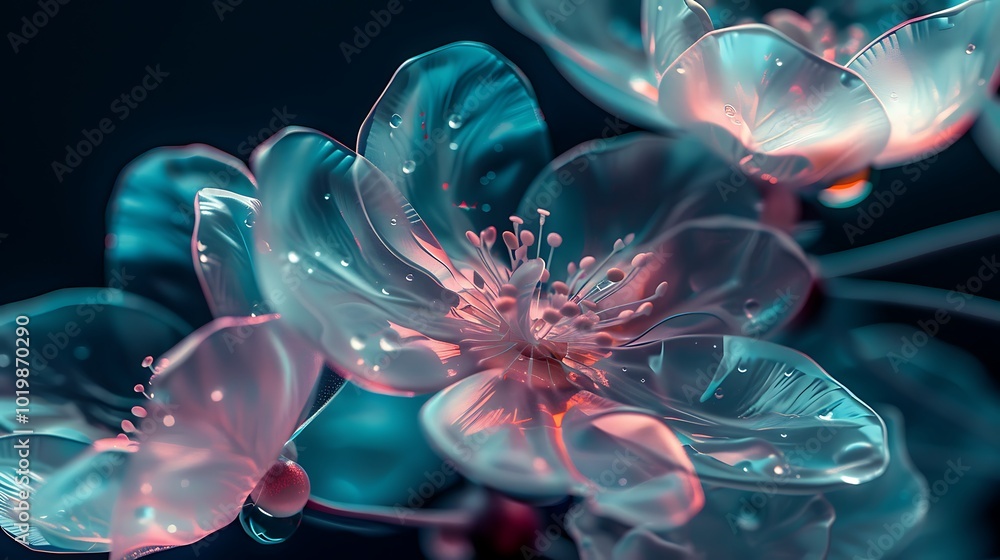 Obraz premium A futuristic image of transparent virtual plastic flowers with delicate petals, glowing softly in shades of blue and pink, set against a dark background. 8k UHD, suitable for high-quality printing 