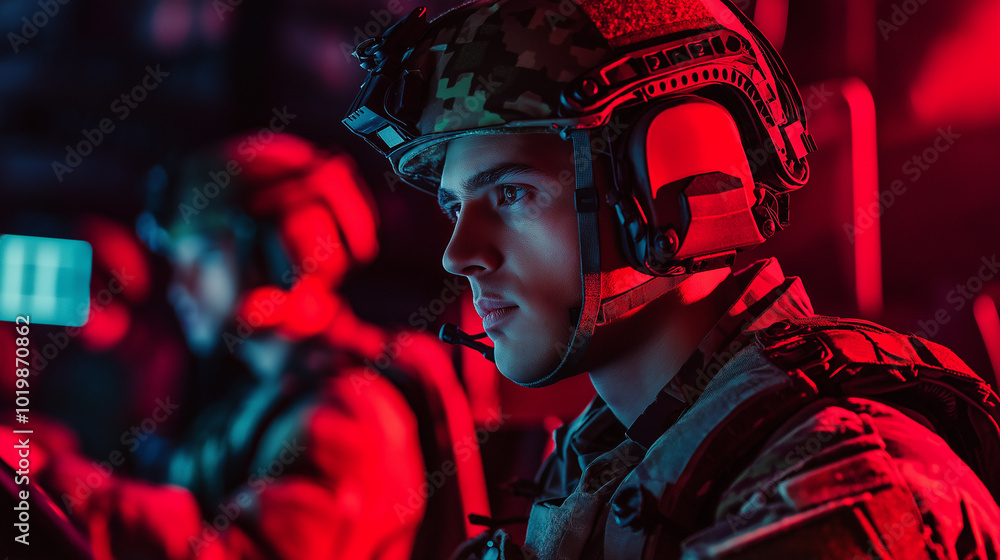 Soldier in full gear working at a computer in a dimly lit, red-illuminated room.