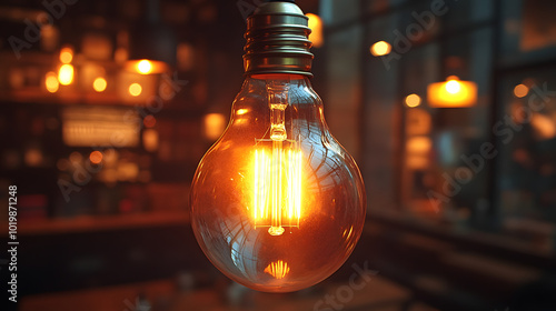 A close-up of an old-fashioned light bulb hanging from a rustic ceiling, casting a warm, nostalgic glow. The intricate details of the bulb’s glass and filament are highlighted, showcasing the vintage 