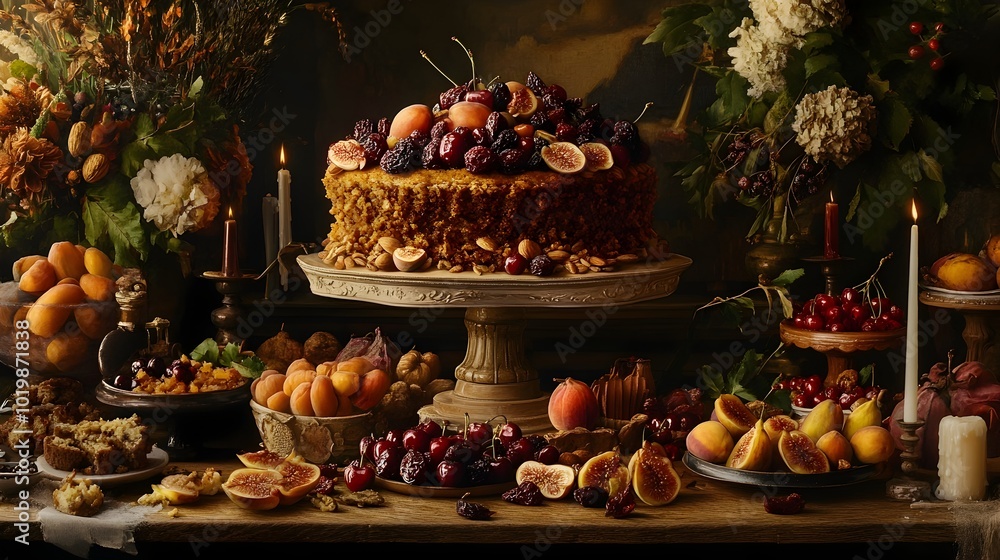 Bountiful Autumn Harvest Feast with Candles and Elegant Arrangement of Fruits and Vegetables Bountiful Autumn Harvest Feast with Candles and Elegant Arrangement of Fruits and Vegetables