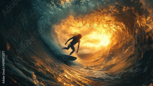 A silhouette of a surfer riding a wave with the setting sun behind them. photo