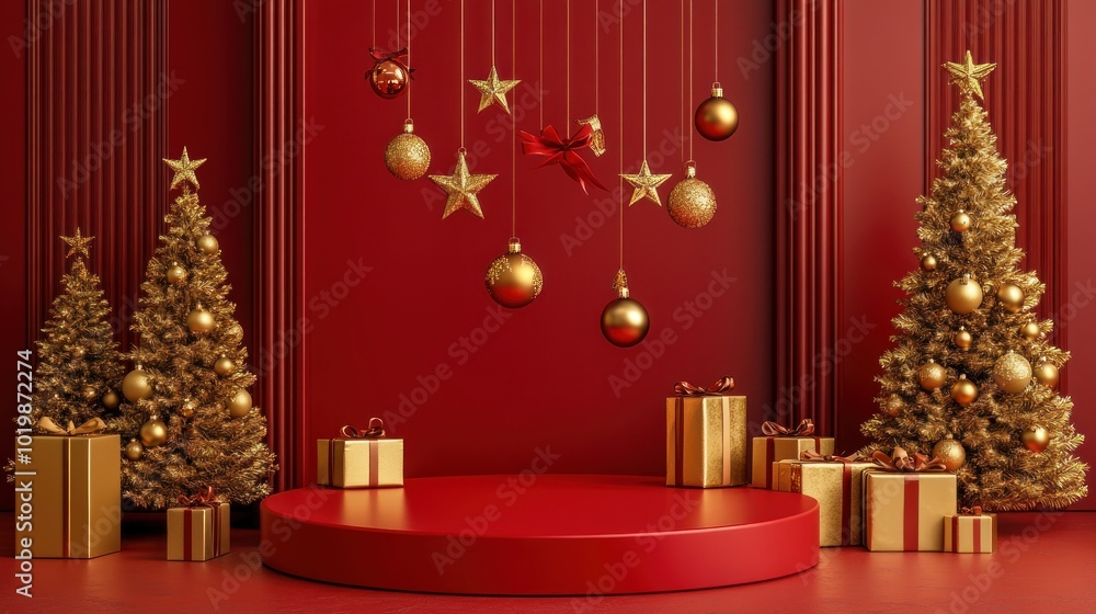 Festive Christmas Display with Red Podium and Decorations Festive Christmas Display with Red Podium and Decorations