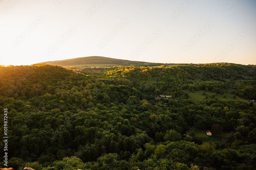 Fototapeta premium Ruins of a medieval castle Somoska or Somoskoi var on borders of southern Slovakia and Hungary at sunrise time.