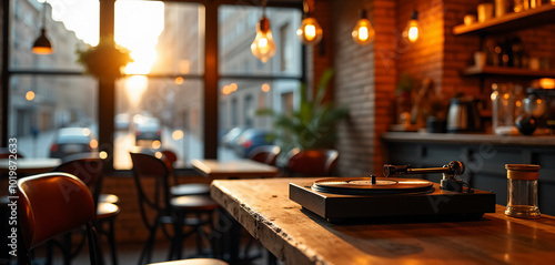 Cafe Interior at Sunset: Record Player and City View