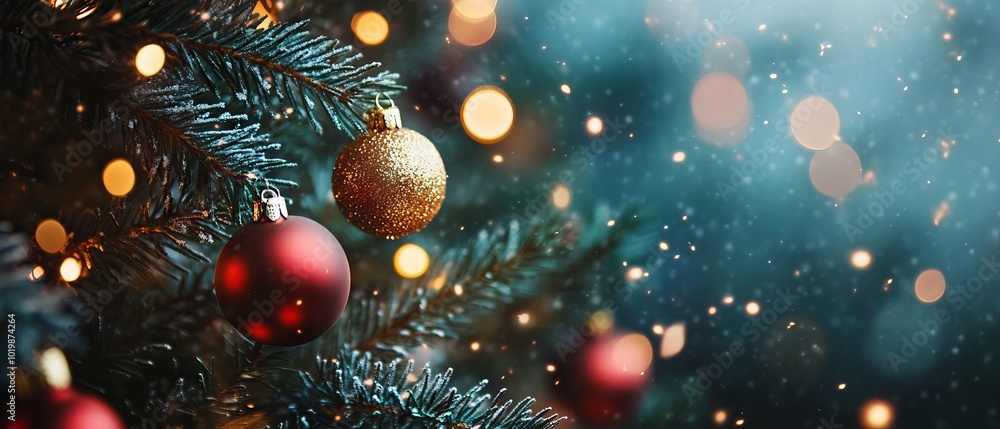 Festive christmas background with sparkling lights, snowflakes, and holiday decorations in a cozy winter setting Festive christmas background with sparkling lights, snowflakes, and holiday decorations in a cozy winter setting
