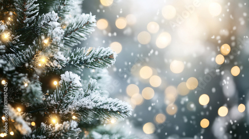 Christmas tree adorned with twinkling lights and snowflakes, surrounded by a dreamy bokeh effect. This enchanting scene evokes the warmth and joy of the holiday season