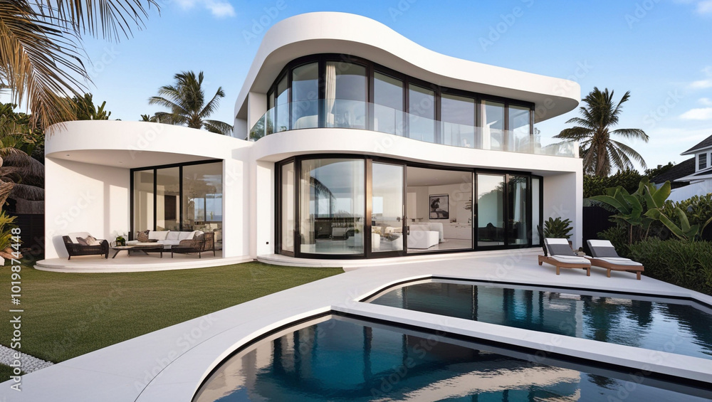 Fototapeta premium Modern Luxury Beach House with Contemporary Architecture, Glass Windows, and Tropical Surroundings