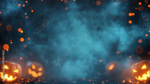 Spooky Halloween background with glowing jack-o-lanterns and swirling mist.