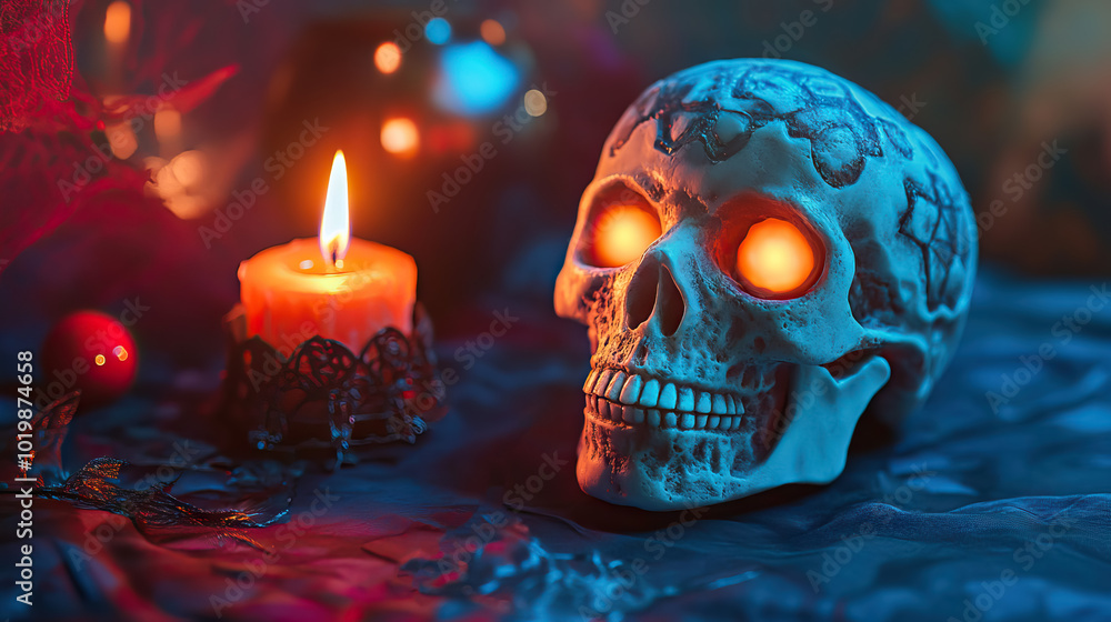 close up skull with glowing eyes and candle on dark background for halloween. close up skull with glowing eyes and candle on dark background for halloween.