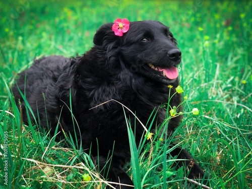 black dog in grass