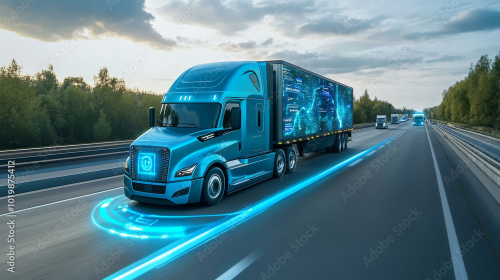 Self-driving trucks are on the road, controlled by artificial intelligence. They use GPS and maps to navigate, showing their location on a screen. This is a vision of future vehicles. Self-driving trucks are on the road, controlled by artificial intelligence. They use GPS and maps to navigate, showing their location on a screen. This is a vision of future vehicles.